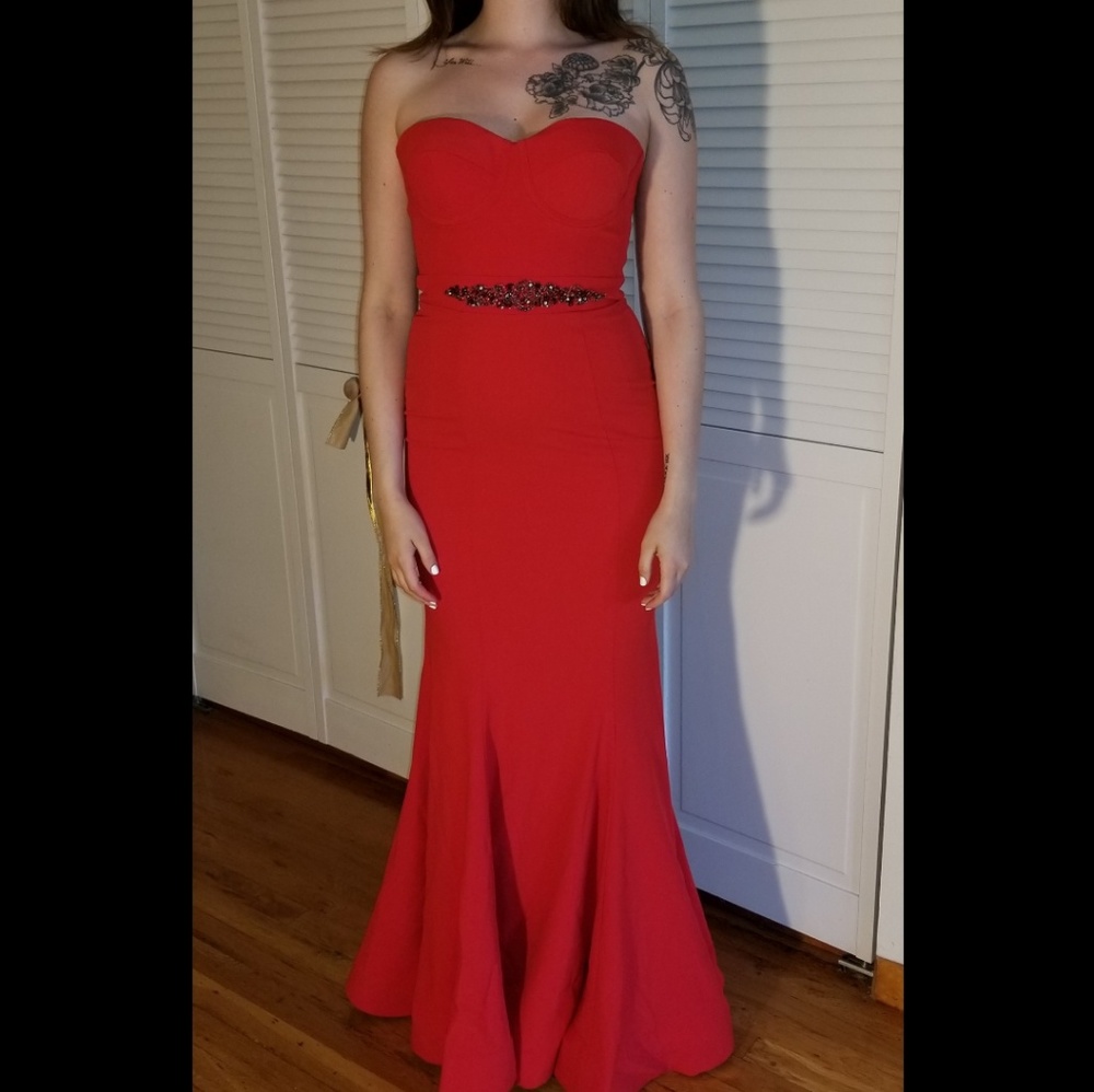 Terani Couture- Red Strapless Evening Gown, Size 4